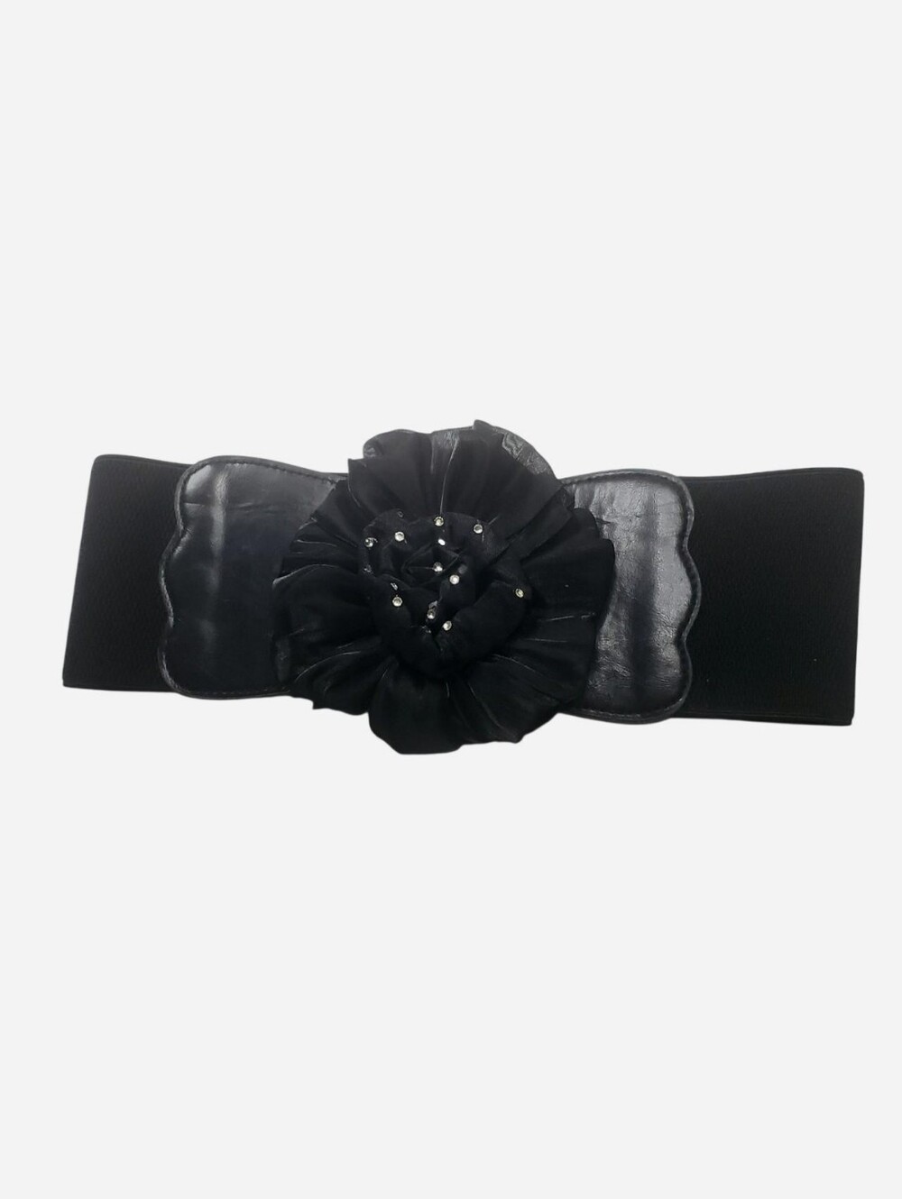 A.P. Belts Vtg Womens Belt One Size Black Flower Rhinestone Elastic Faux-Leather